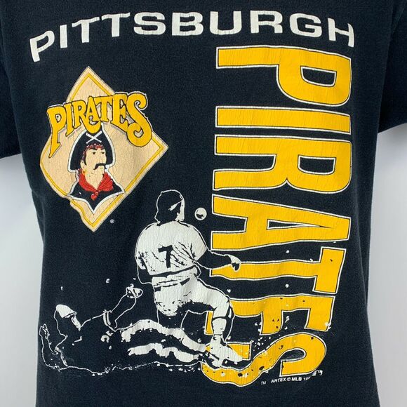 Vintage Pittsburgh Pirates T Shirt Mens Medium 90s MLB Baseball Flip Cuffs Black - Picture 6 of 9